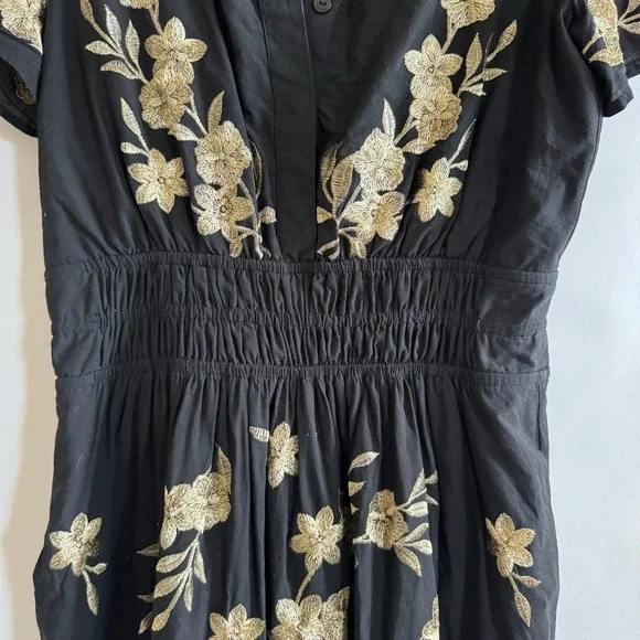 Elie Tahari Tiered Embroidered Maxi Dress Black Gold Floral 6 Smocked - Picture 3 of 11